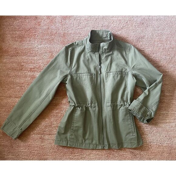 J.Crew Olive Utility Jacket L Zip Front Drawstring Waist 100% Cotton  Fits M - Picture 1 of 10